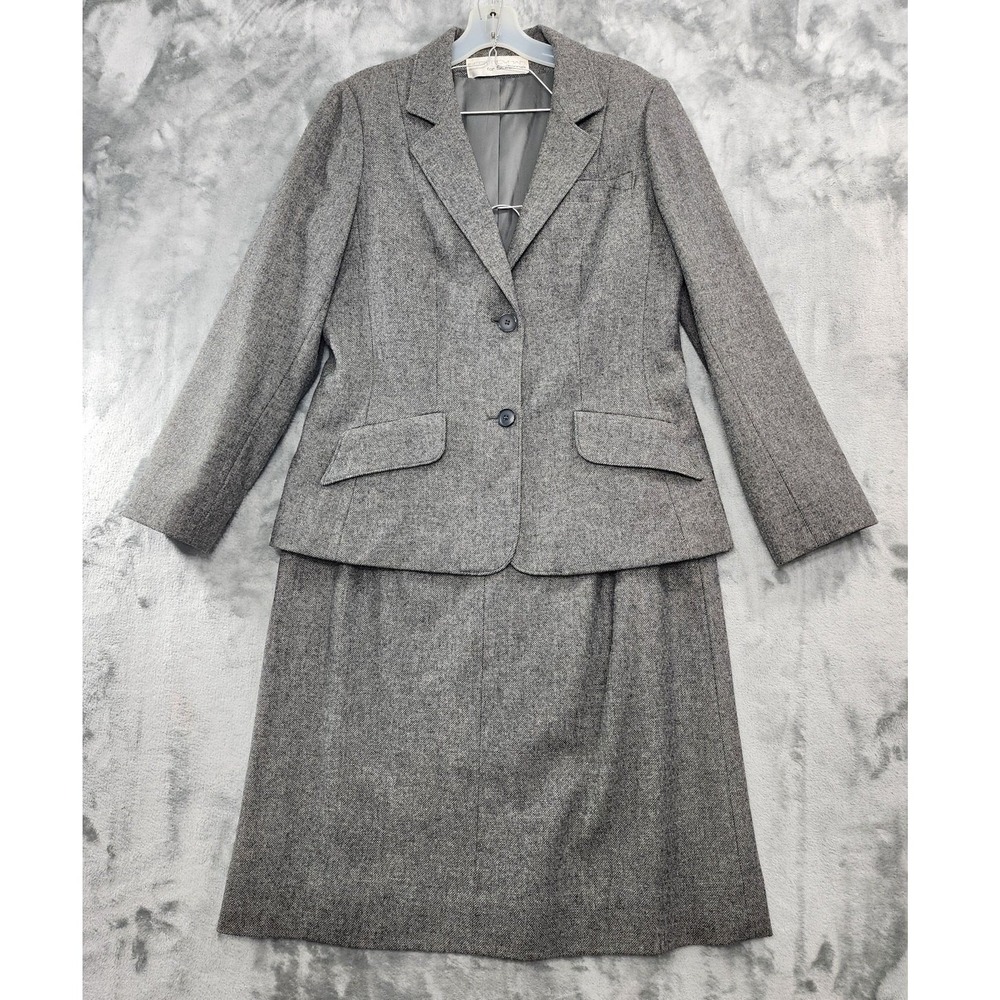 Vintage 70s Bert Newman Suitime Skirt Suit‎ Set Womens M Gray Wool Blend Tweed